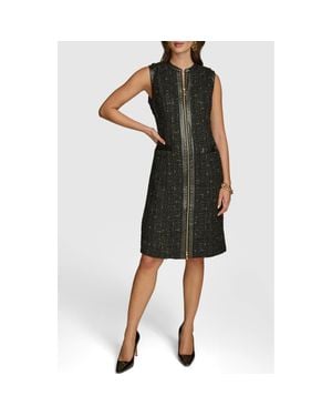 Donna Karan Sleeveless Faux Leather Trim Tweed Dress - Black