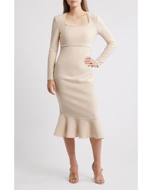 NIKKI LUND Faux Pearl Ruched Flare Hem Dress - Natural