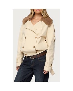Edikted Crop Cotton Trench Coat With Removable Faux Fur Collar - Natural
