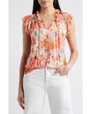 Loveappella Floral Ruffle Trim Split Neck Top - Pink