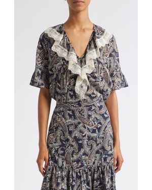 Veronica Beard Pamelis Paisley Ruffle Lace Trim Top - Gray