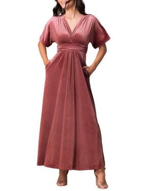 Kiyonna Verona V-Neck Velvet Evening Gown With Pockets - Red