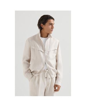 Brunello Cucinelli Linen Chalk Stripe Chevron Outerwear Jacket - White