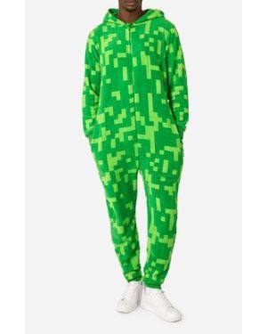 Opposuits Creeper Minecraft Long Sleeve Hooded Fleece Jumpsuit - Green
