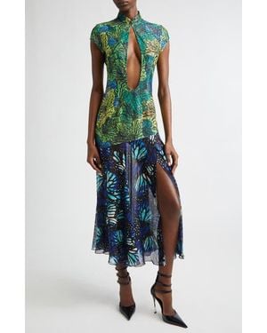 Kim Shui Butterfly Print Lace & Silk Chiffon Plunge Neck Dress - Green