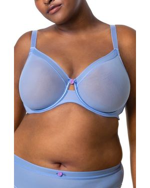 Curvy Couture Sheer Mesh Underwire Unlined Bra - Blue