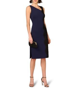 Aidan Mattox by Adrianna Papell Lace Trim Crepe Midi Cocktail Dress - Blue