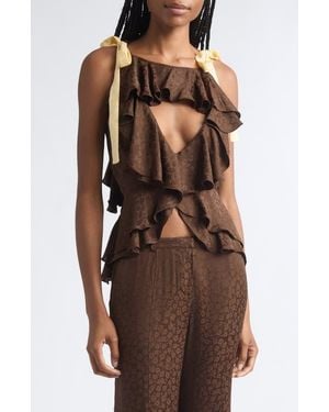 Siedres Marian Crop Ruffle Satin Jacquard Top - Brown