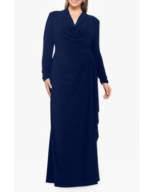 Betsy & Adam Long Sleeve Cowl Neck Gown - Blue
