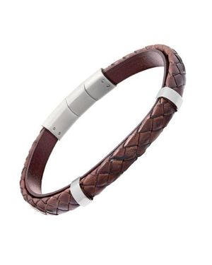 Link Up Braided Leather Bracelet With Stainless Steel Detail - Brown