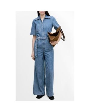 Mango Fleur Tie Waist Denim Jumpsuit - Blue