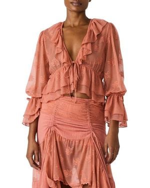 Steve Madden Montana Floral Embroidery Ruffle Detail Knit Top - Orange