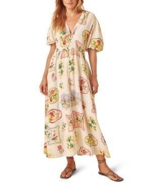 Nobody's Child Starlight Printed Puff Sleeve Linen Blend Midi Dress - Multicolor