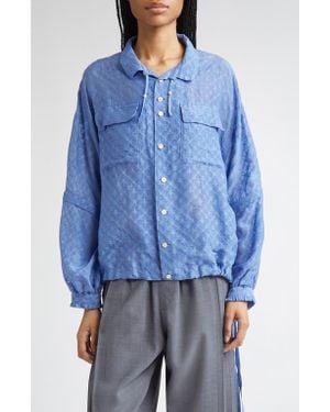Undercover Fleur-De-Lis Jacquard Cotton & Silk Zip Off Sleeve Button-Up Shirt - Blue