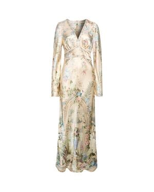 CAMILLA Crystal Embellished Floral Long Sleeve Silk Charmeuse V-Neck Dress - Natural