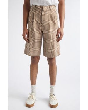 Ami Paris Pleated Glen Plaid Virgin Wool Twill Shorts - Natural