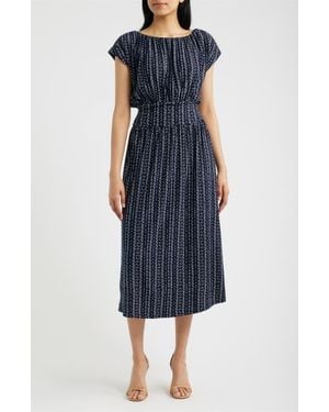 Loveappella Cap Sleeve Smocked Waist Midi Dress - Blue