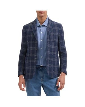 Bugatchi Windowpane Check Cotton & Linen Blend Blazer - Blue