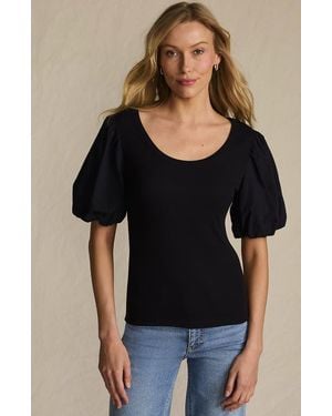 Lands' End Drapey Rib Puff Sleeve Scoop Neck Top - Black