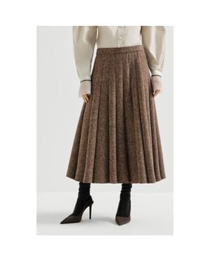 Brunello Cucinelli Virgin Wool Donegal Pleated Skirt - Natural