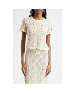 YANYAN Cotton Short Sleeve Lattice Stitch Sweater - Natural