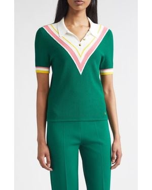 St. John Diagonal Texture V-Stripe Polo Sweater - Green