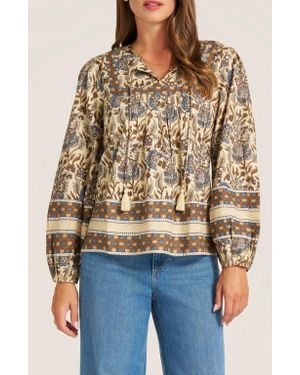 Matty M Acacia Floral Cotton Split Neck Top - Blue