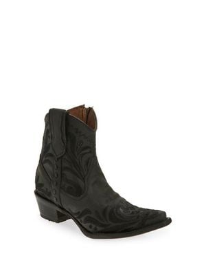 Circle Embroidered Western Ankle Boot - Black