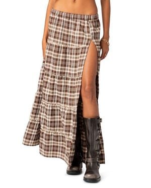 Edikted Plaid Tiered Side Slit Maxi Skirt - Brown