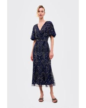 Beauut Embellished Sequins Flutter Sleeves Midi Dress - Blue