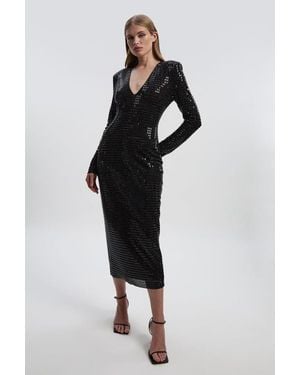 Karen Millen Long Sleeve Plunge Neck Midi Dress - Black