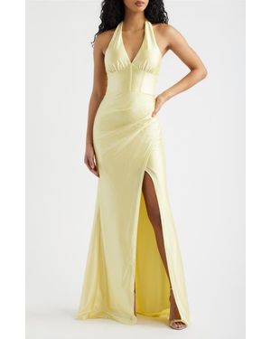 Emerald Sundae Glitter Bow Back Halter Gown - Yellow