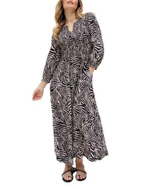 Raffya Paulina Shirred Bodice Zebra Print Maxi Dress - Black