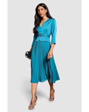 Coast Satin Bodice Pleat Skirt Midi Dress - Blue