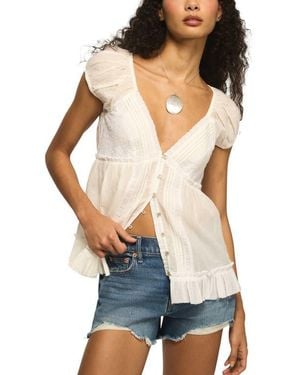 Lucky Brand Pleated Lace Trim Plunge Neck Babydoll Top - Blue