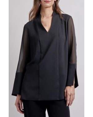 Misook Sheer Sleeve Crêpe De Chine Top - Black