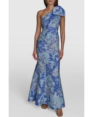 Donna Karan Metallic One-Shoulder Jacquard Mermaid Gown - Blue