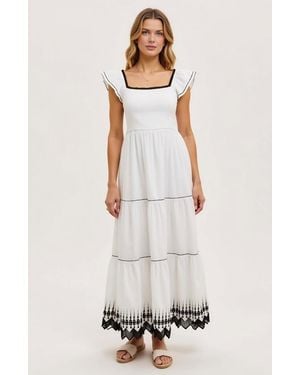 Modenaire Smocked Bodice Tiered Flutter Sleeve Embroidered Hem Maxi Dress - White