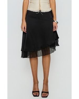 Princess Polly Rosemead Chiffon Trim Satin Midi Skirt - Black