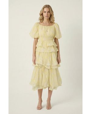 Modenaire Puff Sleeve Tiered Ruffle Midi Dress - Natural
