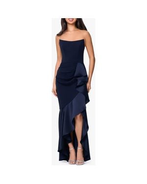 Betsy & Adam Satin Ruffle Detail Strapless Scuba Crepe Corset Gown - Blue