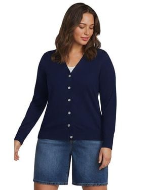 Lands' End Double Trim Cotton V Neck Cardigan Sweater - Blue