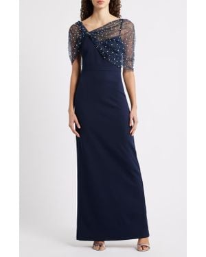 Eliza J Faux Pearl Mesh Detail Gown - Blue