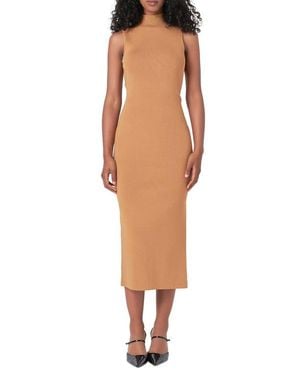 Endless Rose Metallic Mock Neck Body-Con Midi Dress - Natural