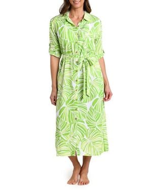 La Blanca Serene Palm Roll Tab Cuff Long Sleeve Cover-Up Shirtdress - Green