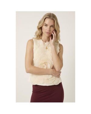 Modenaire Pleated Floral Applique Sleeveless Top - Natural