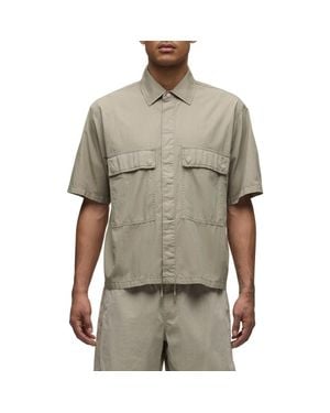 Hudson Jeans Utility Oversize Short Sleeve Cotton & Nylon Snap-Up Shirt - Gray