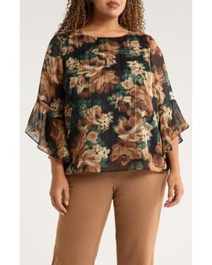 Kasper Metallic Floral Ruffle Sleeve Top - Multicolor