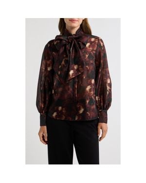 Anne Klein Tie Neck Long Sleeve Top - Brown