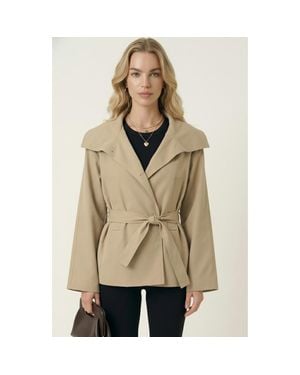 Modenaire Belted Wide Lapels Wrap Jacket - Natural